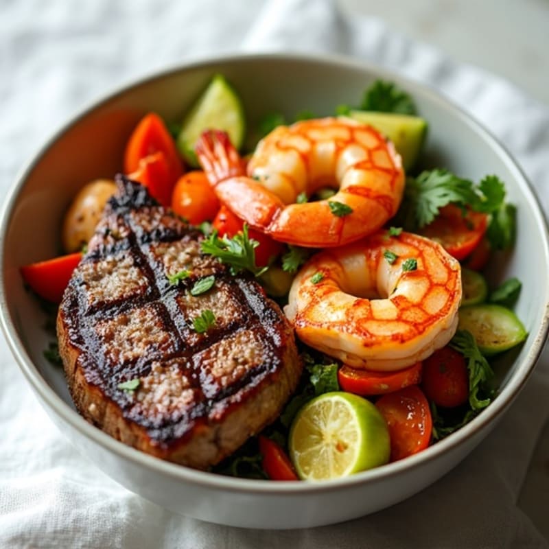 Crispy Seared Steak and Shrimp Bowls with Roasted Vegetables