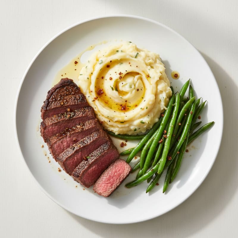 Seared Sirloin Steak with Garlic Mashed Potatoes and Sautéed Green Beans