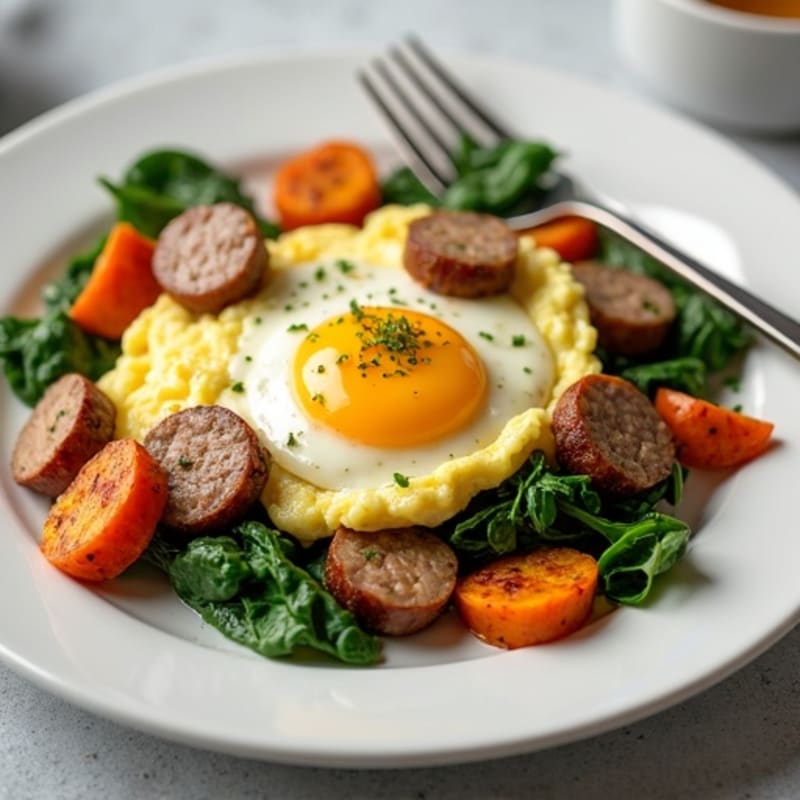 Egg White and Turkey Sausage Scramble with Spinach and Roasted Sweet Potatoes