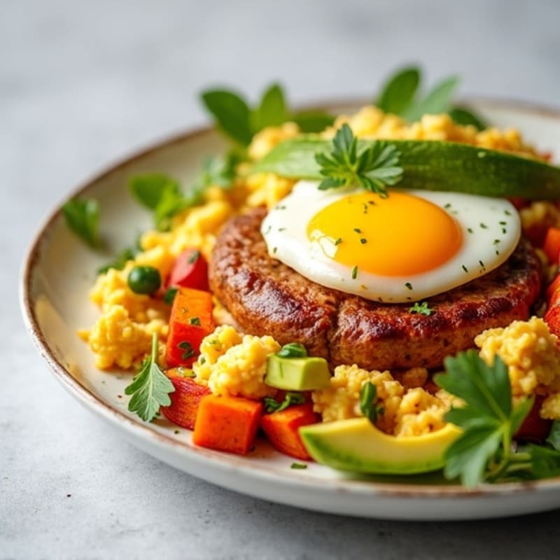 Egg White and Turkey Sausage Scramble with Roasted Sweet Potatoes
