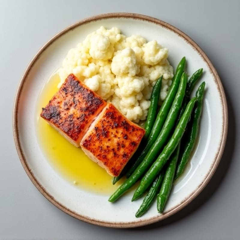 Seared Salmon Fillet with Steamed Green Beans and Cauliflower Mash