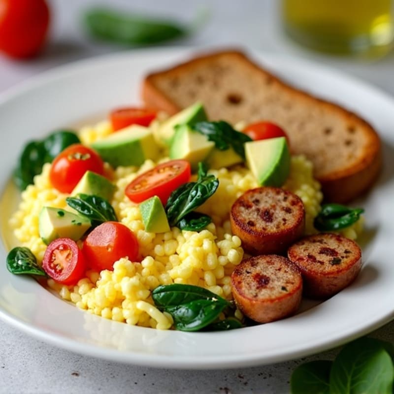 Egg White Spinach Scramble with Turkey Sausage and Fresh Tomato