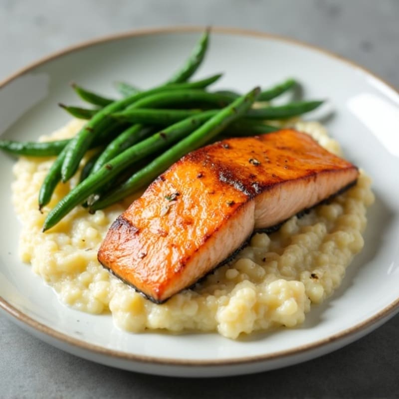 Seared Salmon with Creamy Garlic Cauliflower Mash and Sautéed Green Beans