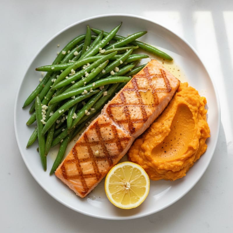 Seared Salmon with Garlic Green Beans and Sweet Potato Mash