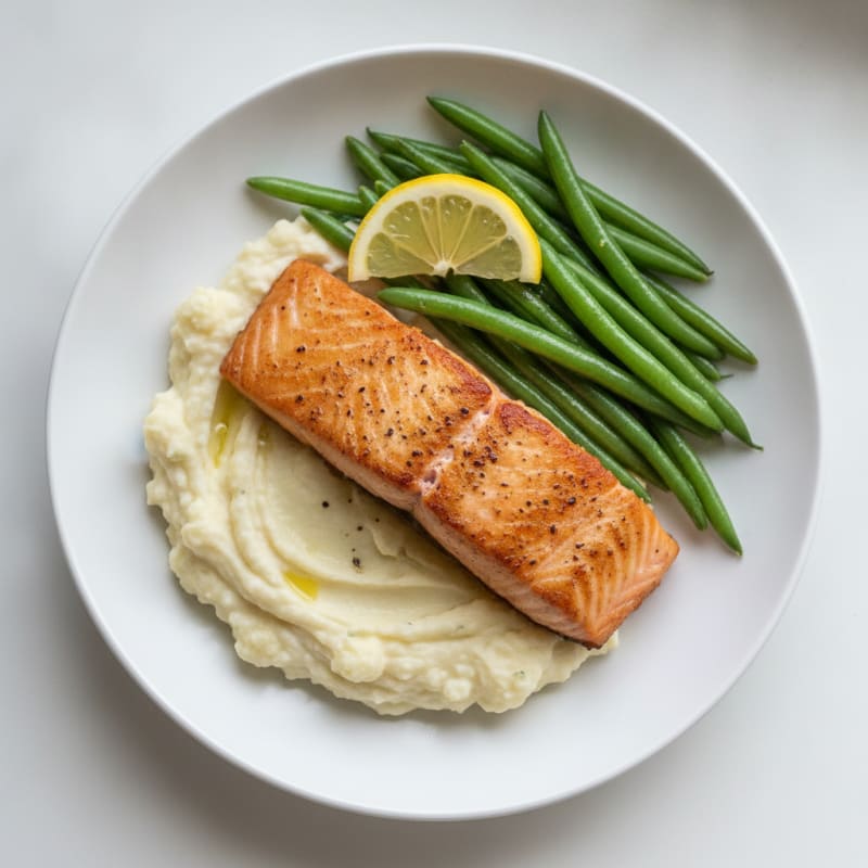 Seared Salmon with Steamed Green Beans and Garlic Mashed Cauliflower