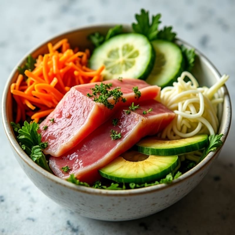 Fresh Tuna Bowl with Sesame Ginger Dressing and Crispy Vegetables
