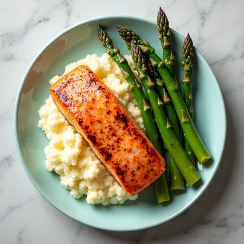 Seared Salmon Fillet with Steamed Asparagus and Mashed Cauliflower