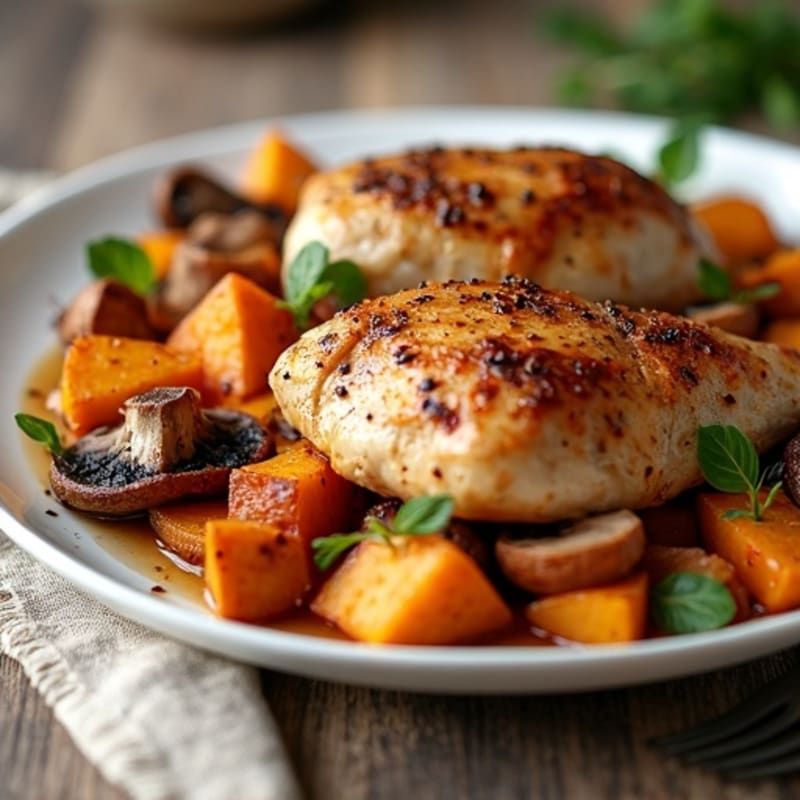 Sheet Pan Roasted Chicken with Mushrooms and Sweet Potatoes