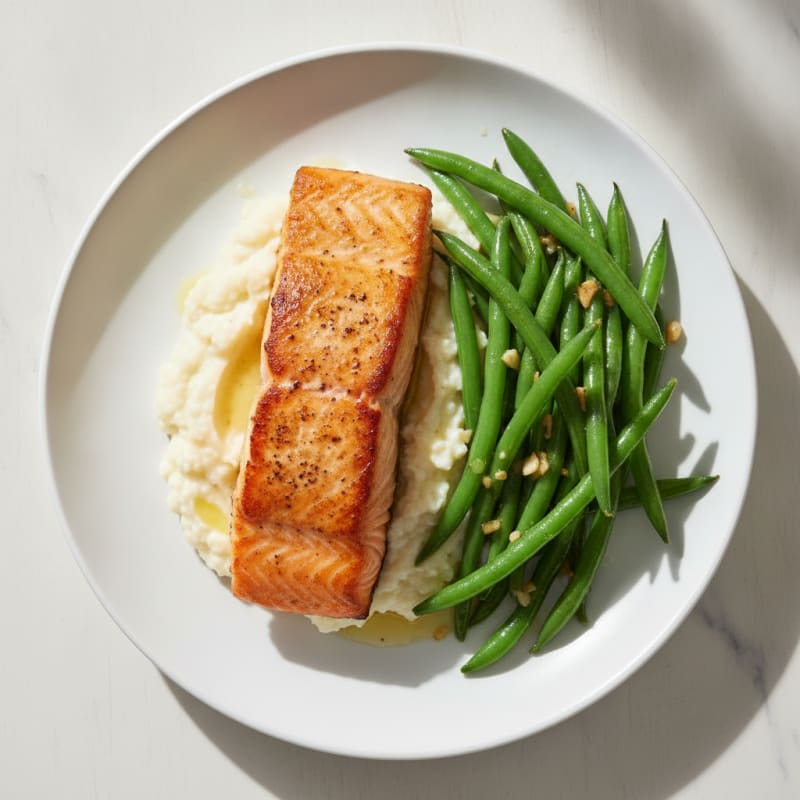 Seared Salmon with Garlic Green Beans and Cauliflower Mash