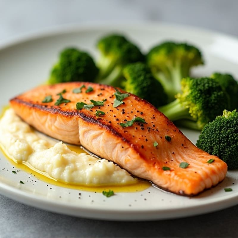 Seared Salmon with Roasted Broccoli and Garlic Mashed Cauliflower
