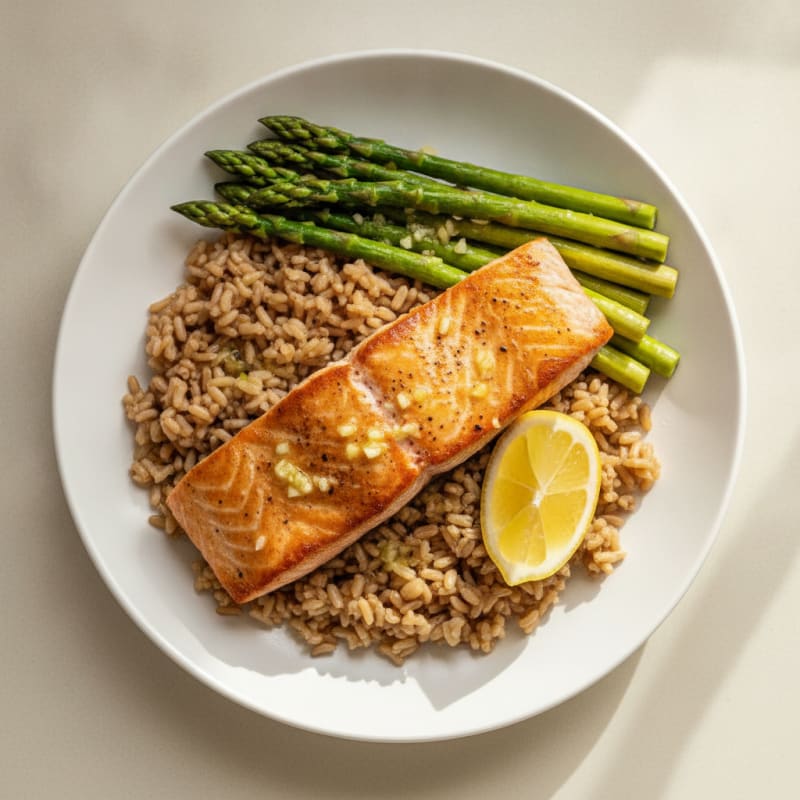 Seared Salmon with Steamed Asparagus and Brown Rice