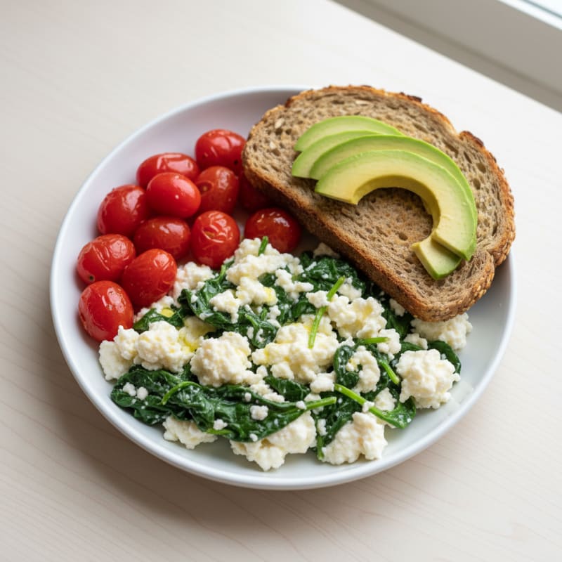 Egg White and Cottage Cheese Scramble with Spinach and Cherry Tomatoes