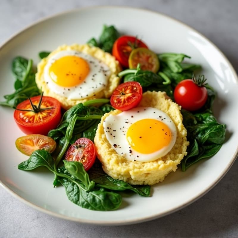 Creamy Scrambled Eggs with Sautéed Spinach and Roasted Cherry Tomatoes