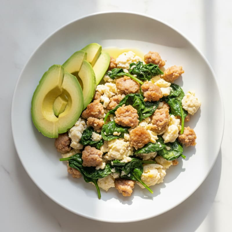 Scrambled Egg Whites with Turkey Sausage and Sautéed Spinach