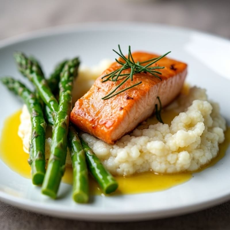 Seared Salmon with Steamed Asparagus and Cauliflower Mash