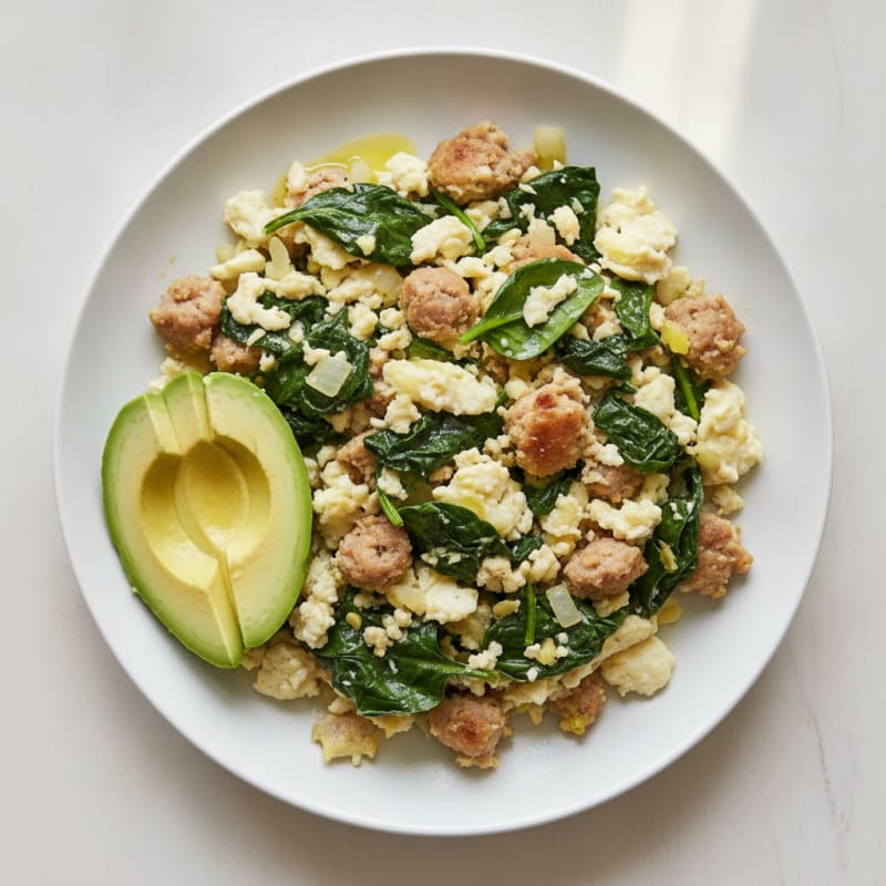 Egg White and Spinach Scramble with Turkey Sausage