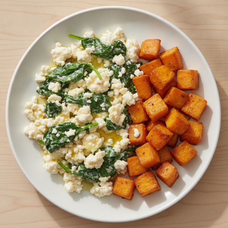 Cottage Cheese Scramble with Spinach and Roasted Sweet Potato