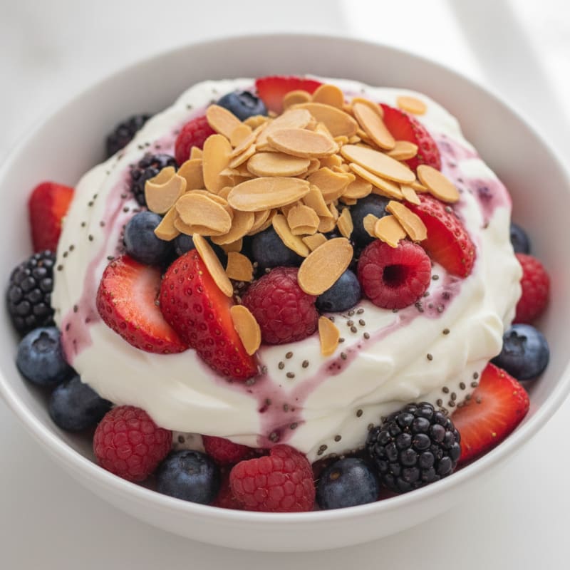 Greek Yogurt Protein Parfait with Mixed Berries and Almonds