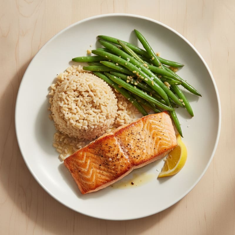 Seared Salmon with Garlic Green Beans and Brown Rice