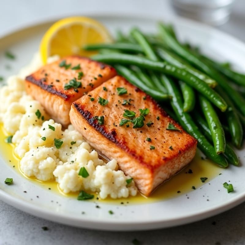 Seared Salmon with Garlic Green Beans and Cauliflower Mash