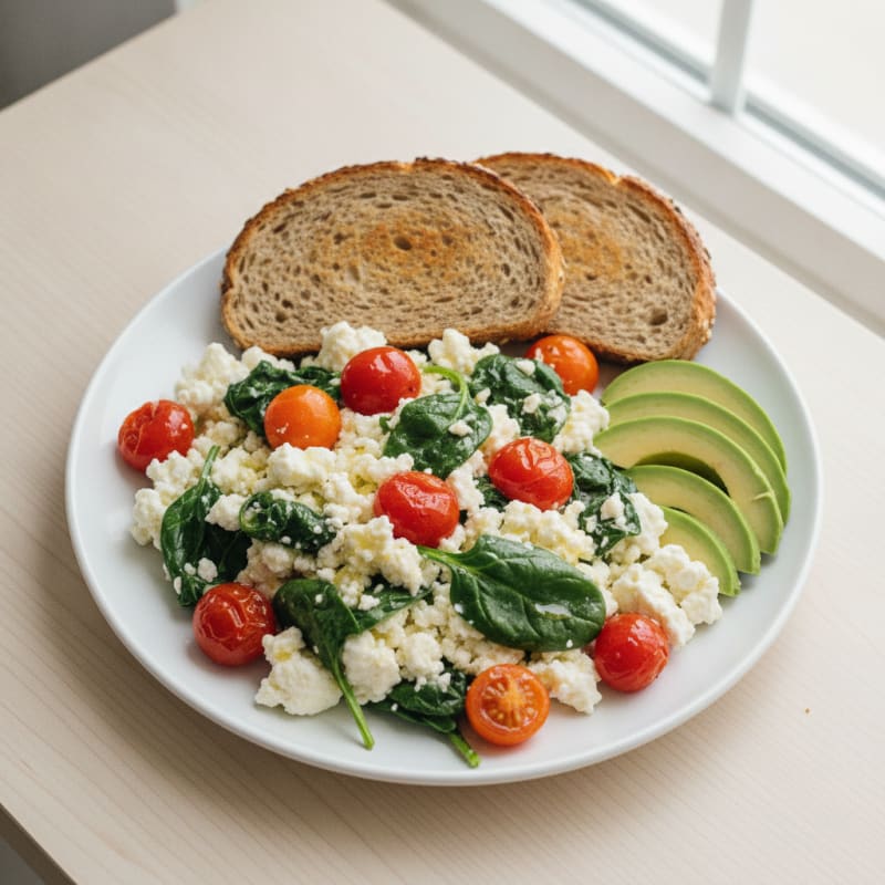 Cottage Cheese Egg White Scramble with Spinach and Cherry Tomatoes