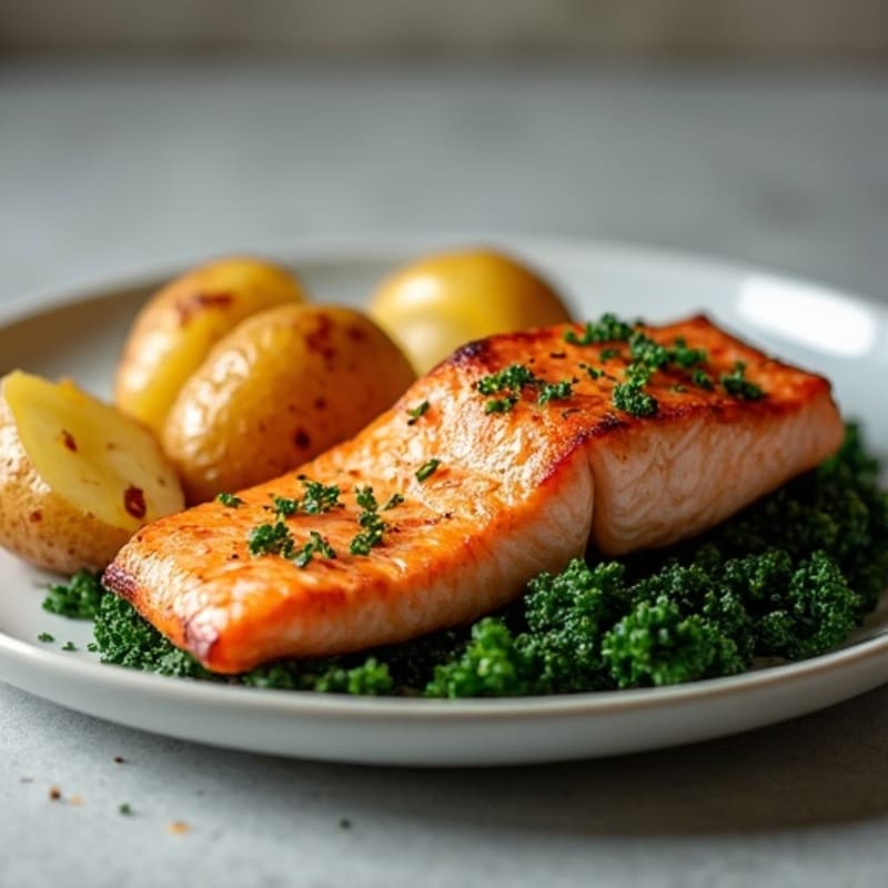 Roasted Salmon with Crispy Potatoes and Sautéed Kale