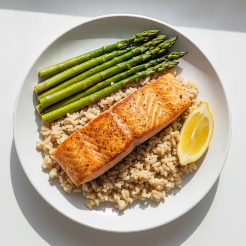 Seared Salmon with Steamed Asparagus and Brown Rice