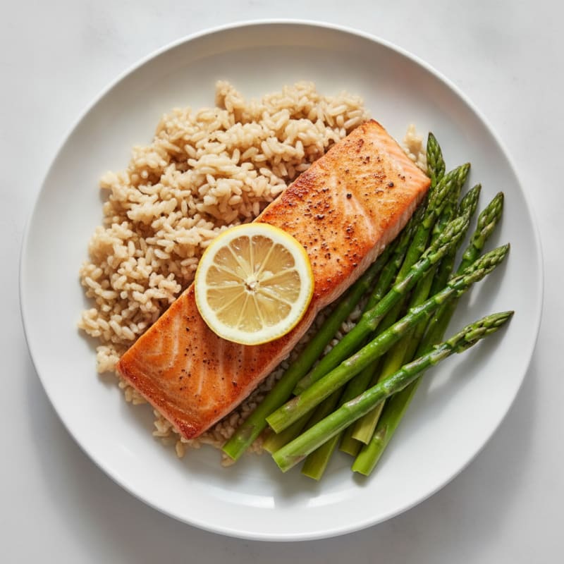 Seared Salmon with Steamed Asparagus and Brown Rice