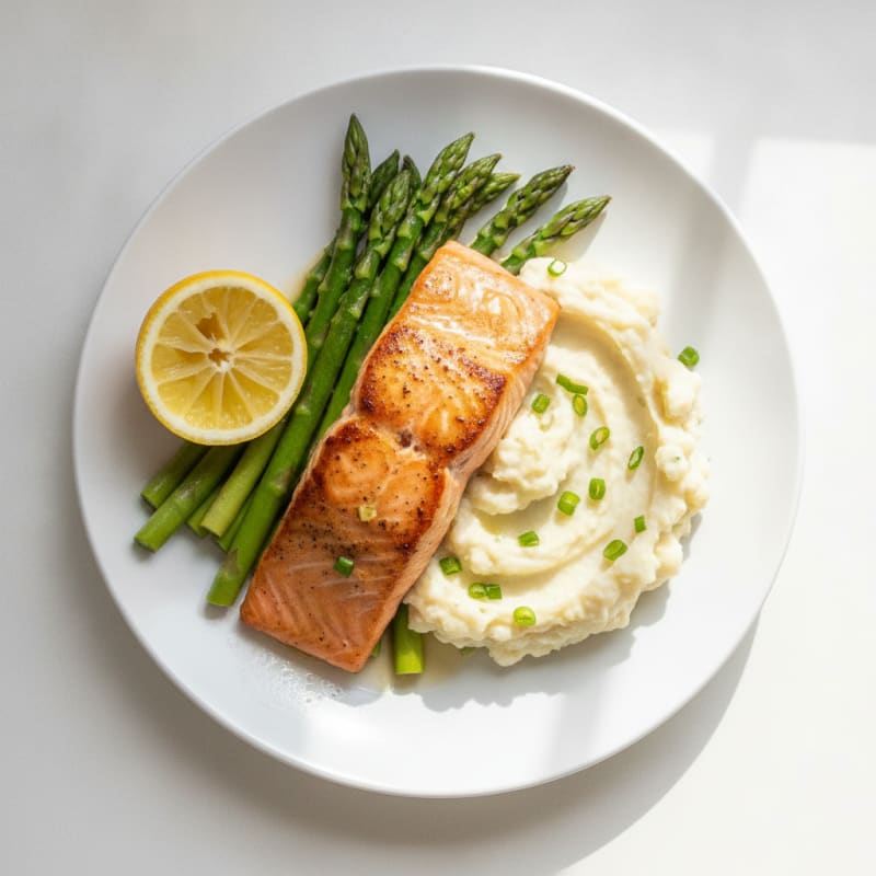 Seared Salmon with Steamed Asparagus and Garlic Mashed Cauliflower