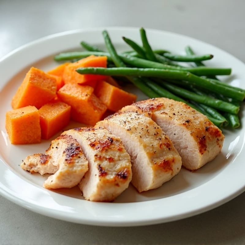 Seared Turkey Breast with Roasted Sweet Potatoes and Green Beans