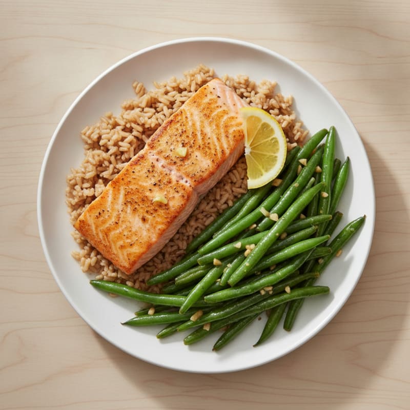 Seared Salmon with Garlic Green Beans and Brown Rice