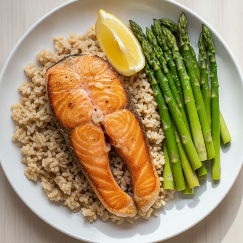 Seared Salmon with Steamed Asparagus and Brown Rice