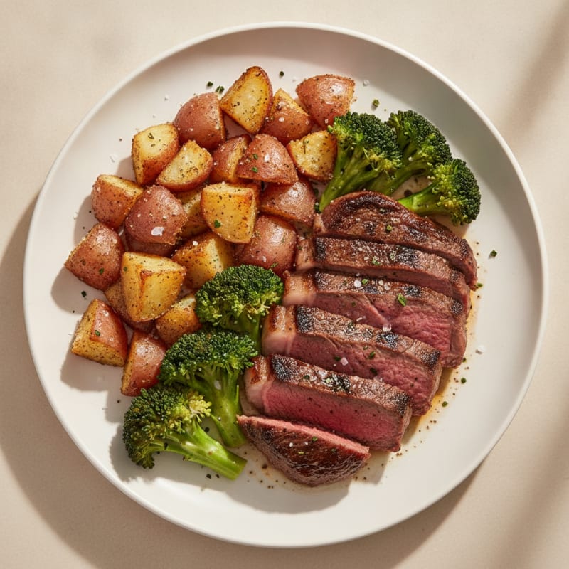 Seared Steak with Roasted Potatoes and Steamed Broccoli