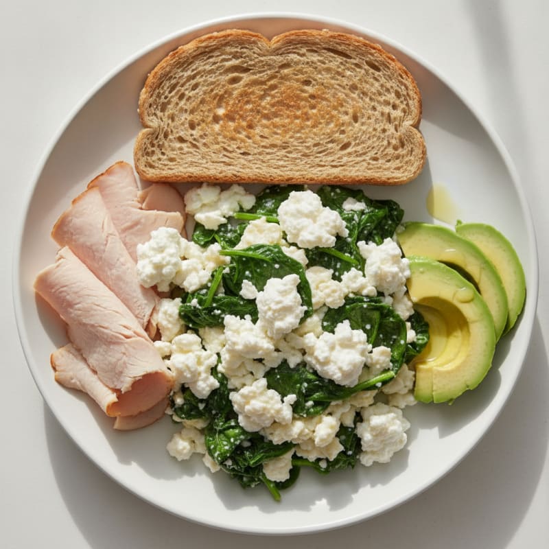 Egg White and Spinach Scramble with Cottage Cheese and Sliced Turkey