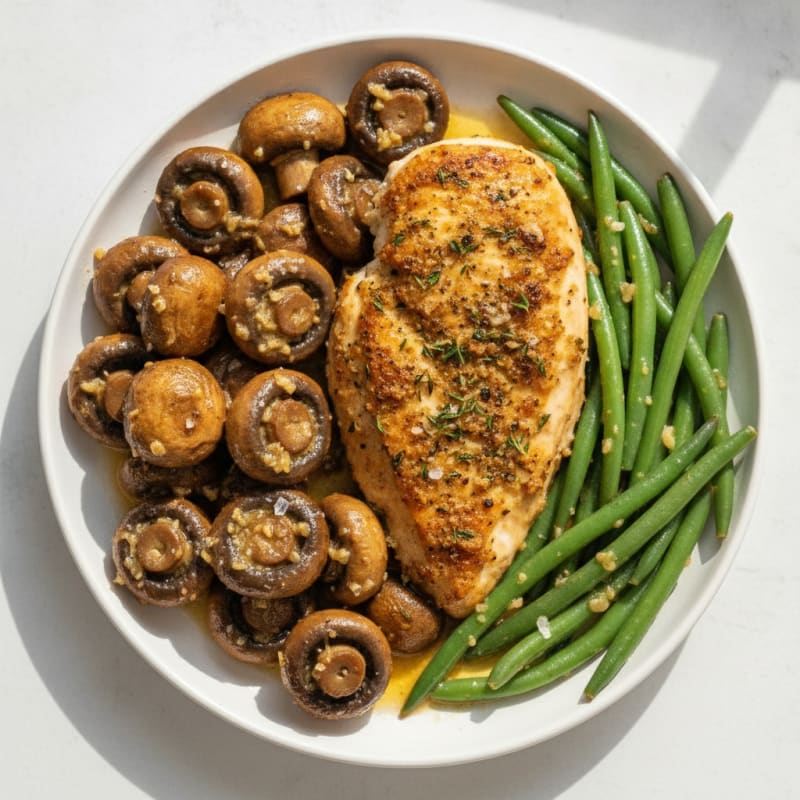 Roasted Garlic Butter Mushrooms with Herb-Crusted Chicken