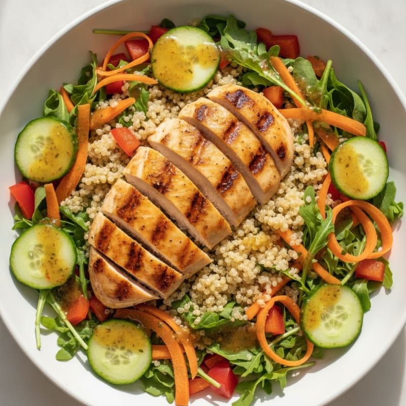 Grilled Chicken Breast Salad with Quinoa and Crunchy Vegetables