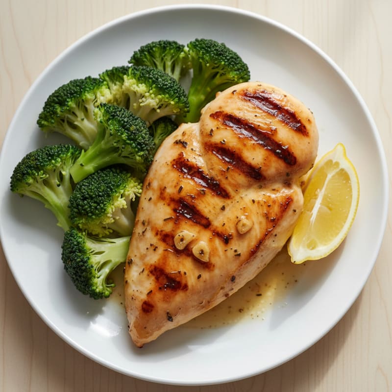 Grilled Chicken Breast with Steamed Broccoli and Lemon