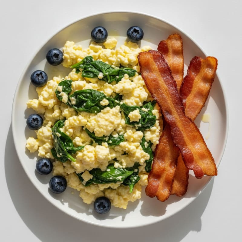 Cottage Cheese Egg Scramble with Spinach and Turkey Bacon