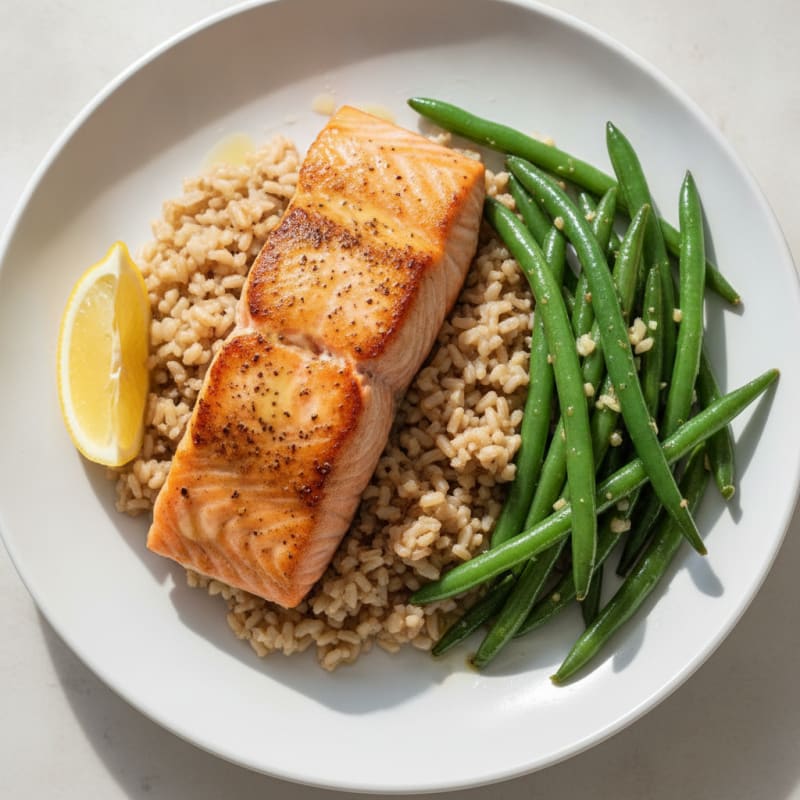 Seared Salmon Fillet with Garlic Green Beans and Brown Rice