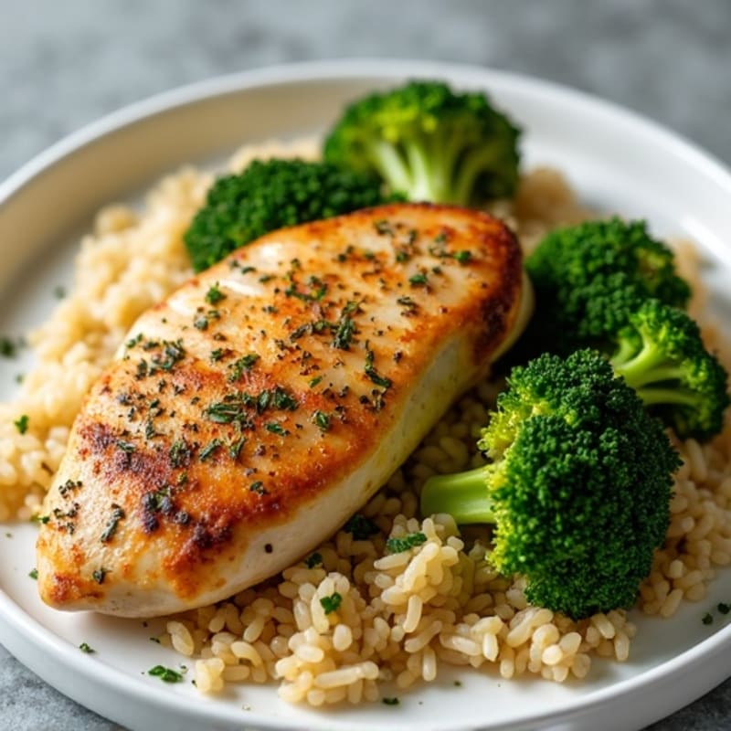 Herb-Roasted Chicken with Garlic Brown Rice and Crispy Broccoli