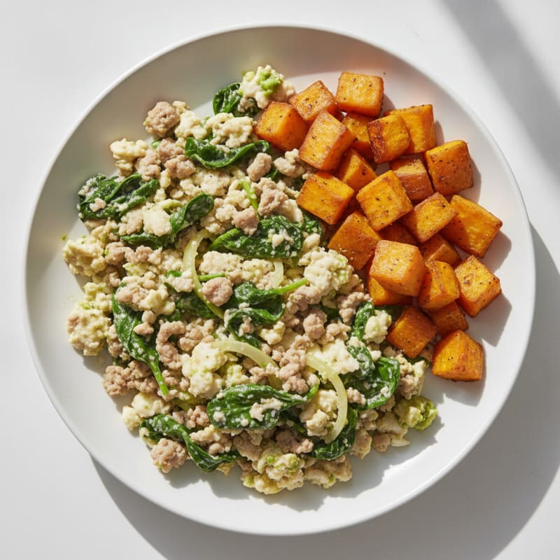 Egg White and Turkey Spinach Scramble with Roasted Sweet Potatoes