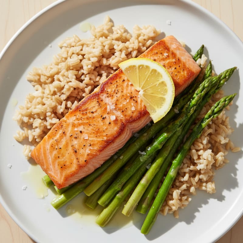 Seared Salmon Fillet with Steamed Asparagus and Brown Rice