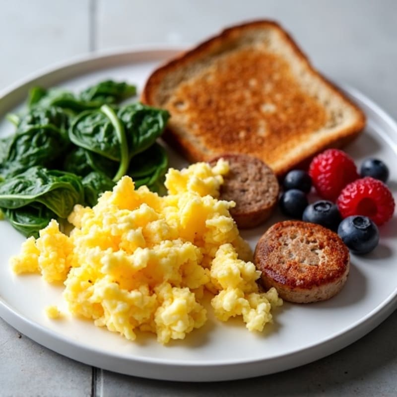 Egg White Scramble with Turkey Sausage and Sautéed Spinach