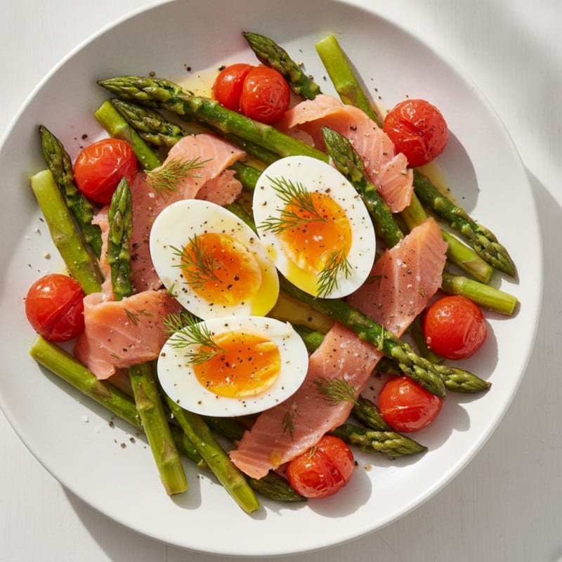 Boiled Eggs with Roasted Asparagus and Tomatoes