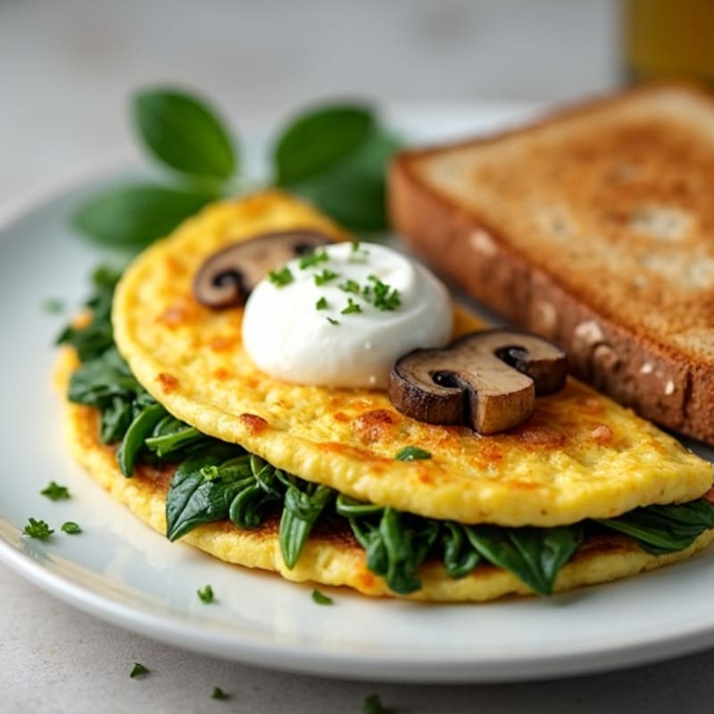 Egg White Spinach Omelette with Cottage Cheese, Sautéed Mushrooms & Whole Grain Toast