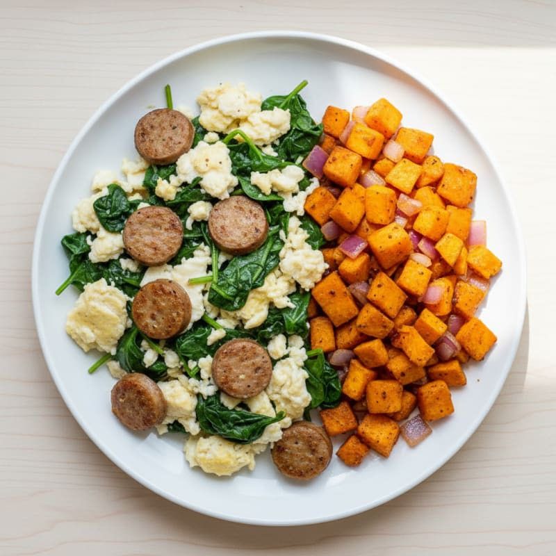 Egg White and Turkey Sausage Scramble with Sautéed Spinach and Sweet Potato Hash