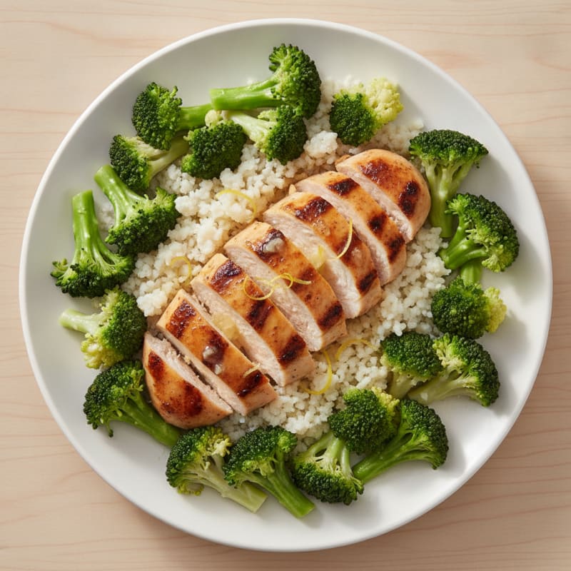 Grilled Chicken Breast with Steamed Broccoli and Cauliflower Rice