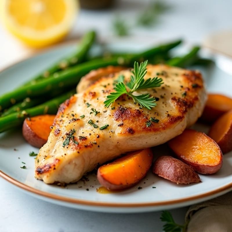 Lemon-Herb Roasted Chicken with Crispy Sweet Potatoes and Tender Green Beans