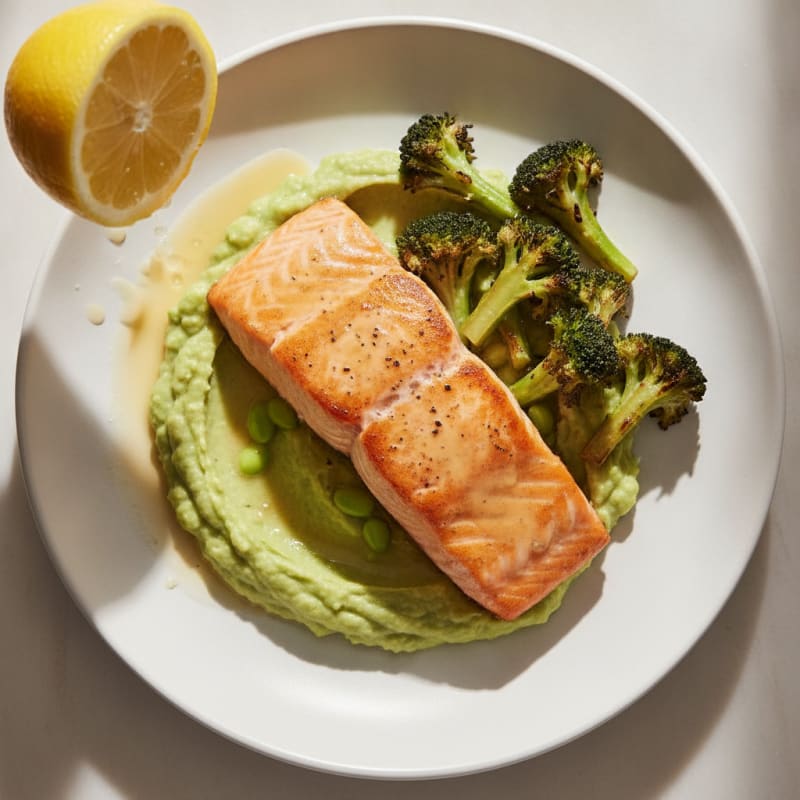 Seared Salmon with Roasted Broccoli and Edamame Mash