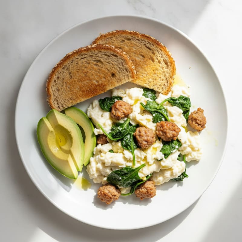Egg White and Spinach Scramble with Turkey Sausage